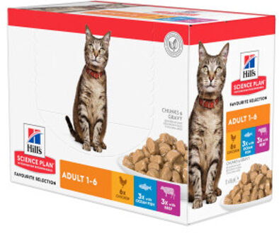 HILL'S SCIENCE PLAN Hill's Adult Favourite Selection nat kattenvoer met kip, rund & zeevis maaltijdzakje combipack 2 dozen (24 x 85 g)