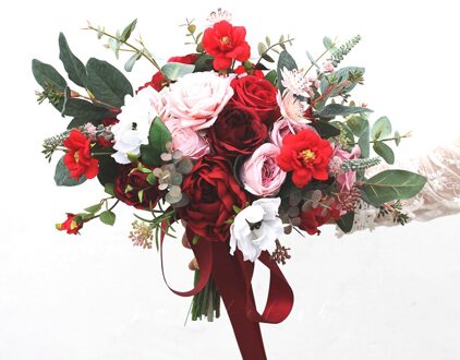 Himstory Retro Roze & Rode Bloem Boeket Kunstmatige Romantische Zijden Rozen Bridal Bruidsmeisje Boeket Houder Bruiloft Accessoires
