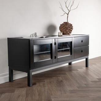 Hioshop Alcoa dressoir 2 glazen deuren 2 laden zwart.