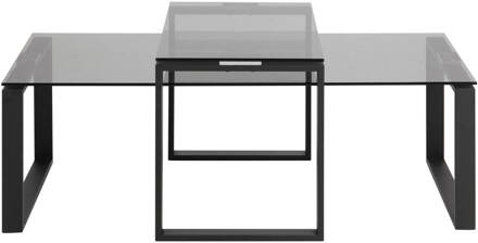 Hioshop Kate salontafel set, rookkleurig glas en mat zwart metaal. Transparant