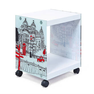 Hioshop Lance salontafel met witte en gekleurde glazen wanden.