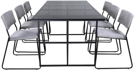 Hioshop Leif eethoek eetkamertafel rokerig glas en 6 Kenth Multicolor, Transparant