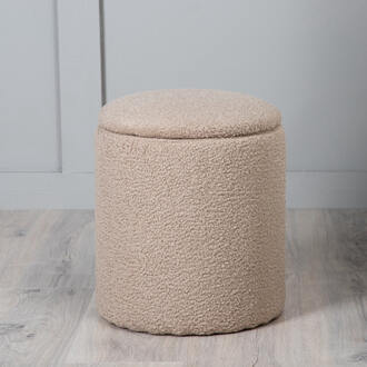 Hioshop Limpen poef, hocker met opbergruimte Ø32cm teddystof beige.