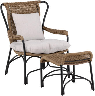 Hioshop Loreto leunstoel tuin met tuinkussen met hocker zwart.