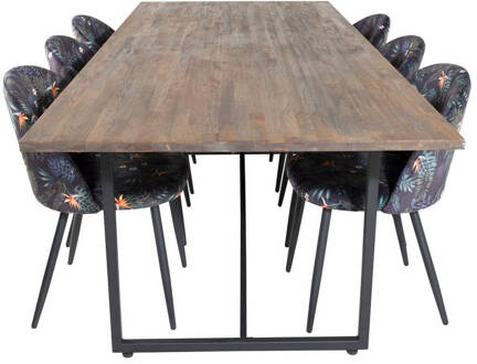 Hioshop Padang eethoek eetkamertafel teakhout en 6 Velvet Multicolor, Transparant