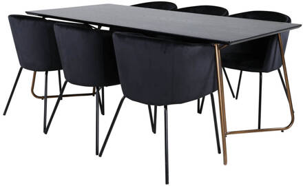 Hioshop PippiCO eethoek eetkamertafel zwart en 6 Berit eetkamerstal Multicolor, Transparant