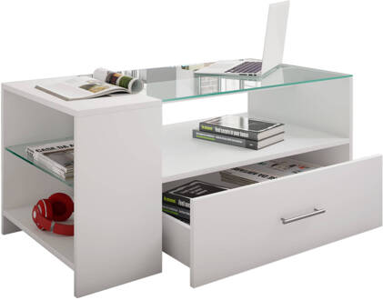 Hioshop Tindala salontafel met glazen blad, 1 lade, 3 plankenwit.