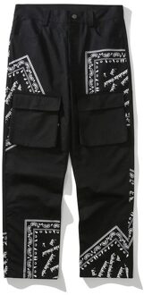 Hip Hip Bandana Patroon Afdrukken Cargo Broek Mannen Multi-Pocket Joggers Broek 2021Fashion Streetwear Dansen Broek WY632 L / zwart