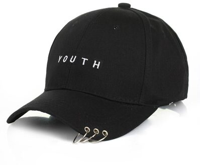 Hip-Hop Brief "Jeugd" Baseball Cap Met Drie Metalen Ring Paar Persoonlijkheid Wilde Hoed Vrouwen Mannen Zon hoed three rings zwart