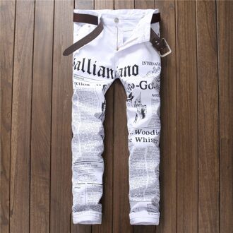Hip Hop Printing Witte Denim Broek Mannen Slim Fit Stretch Broek Krant Print Broek Mannen Casual Gedrukt Broek Voor mannelijke 34