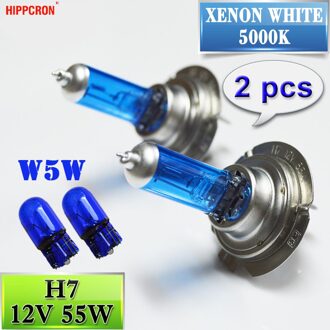 Hippcron H7 Halogeenlamp Super White + 2 Pcs 501 W5W T10 Natuurlijke Blauwe Lamp 2 Stuks 12V 55W Auto Koplamp Glas Super Wit