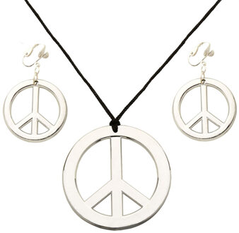 Hippie Flower Power Sixties sieraden set ketting met oorbellen peace tekens - Verkleedsieraden Zilverkleurig