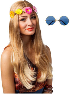 Hippie Flower Power Sixties verkleed set hoofdband met blauwe party bril