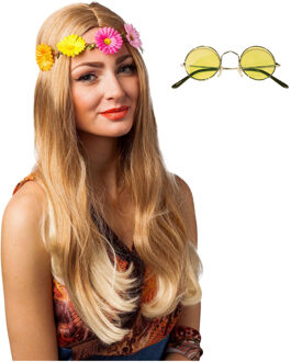 Hippie Flower Power Sixties verkleed set hoofdband met gele party bril