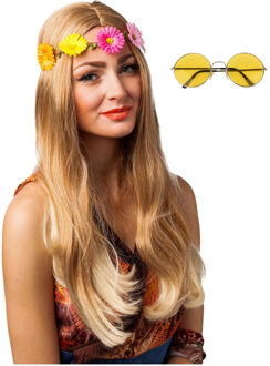 Hippie Flower Power Sixties verkleed set hoofdband met gele party bril