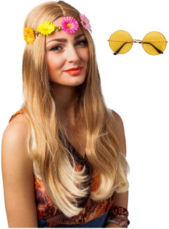 Hippie Flower Power Sixties verkleed set hoofdband met gele party bril