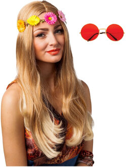 Hippie Flower Power Sixties verkleed set hoofdband met rode party bril