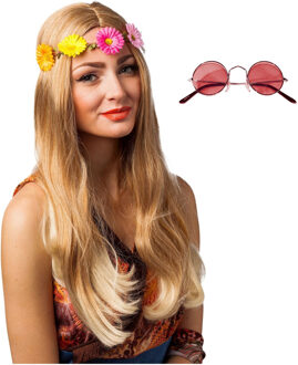 Hippie Flower Power Sixties verkleed set - hoofdband met rode party bril