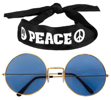Hippie Flower Power verkleedset hoofdband met ronde glazen bril blauw - Verkleedhoofddeksels Zwart