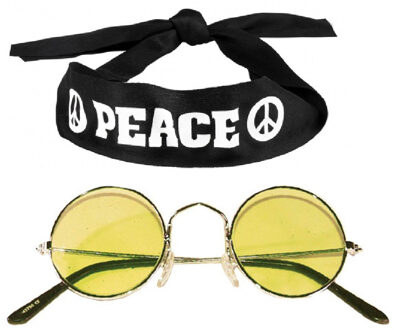 Hippie Flower Power verkleedset hoofdband met ronde glazen bril geel