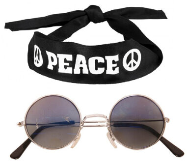 Hippie Flower Power verkleedset - Peace hoofdband - met ronde glazen verkleed bril - antraciet