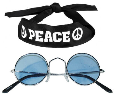 Hippie Flower Power verkleedset - Peace hoofdband - met ronde glazen verkleed bril - blauw
