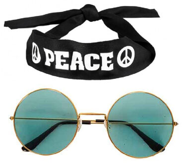 Hippie Flower Power verkleedset - Peace hoofdband - met ronde glazen verkleed bril - groen