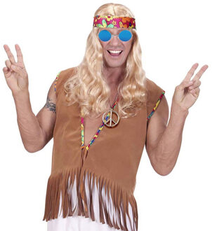 Hippie Sixties verkleed accessoires set - ronde glazen bril blauw - peace teken ketting