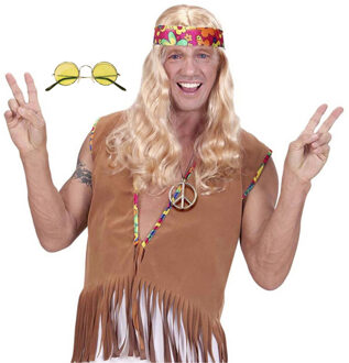 Hippie Sixties verkleed accessoires set - ronde glazen bril geel - peace teken ketting
