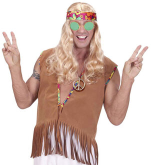 Hippie Sixties verkleed accessoires set - ronde glazen bril groen - peace teken ketting