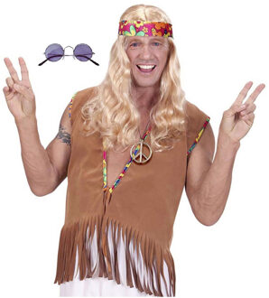 Hippie Sixties verkleed accessoires set - ronde glazen bril paars - peace teken ketting