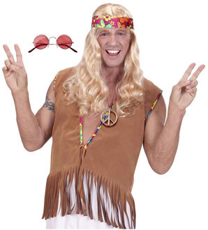 Hippie Sixties verkleed accessoires set - ronde glazen bril rood - peace teken ketting