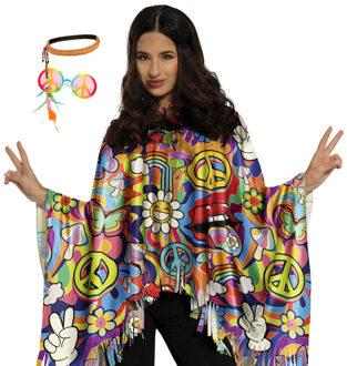 Hippie verkleed set - poncho/bril/hoofdband - one size - Jaren 60/flower power verkleedkleding One size