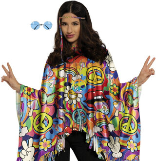 Hippie verkleed set - poncho en bril blauw - one size - Jaren 60/flower power verkleedkleding One size