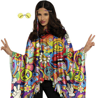 Hippie verkleed set - poncho en bril geel - one size - Jaren 60/flower power verkleedkleding One size