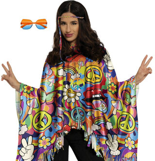 Hippie verkleed set - poncho en bril oranje/blauw - one size - Jaren 60/flower power verkleedkleding
