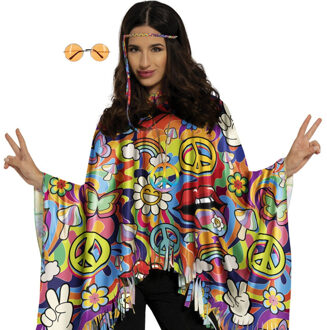 Hippie verkleed set - poncho en bril oranje - one size - Jaren 60/flower power verkleedkleding One size