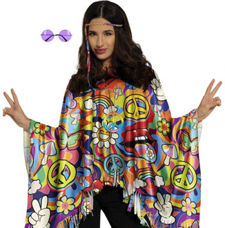 Hippie verkleed set - poncho en bril paars - one size - Jaren 60/flower power verkleedkleding One size