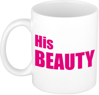 His beauty cadeau mok / beker wit met roze letters 300 ml - feest mokken