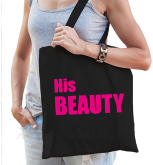 His beauty tas / shopper zwart katoen met roze tekst voor dames - Feest Boodschappentassen