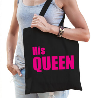 His queen tas / shopper zwart katoen met roze tekst voor dames - Feest Boodschappentassen
