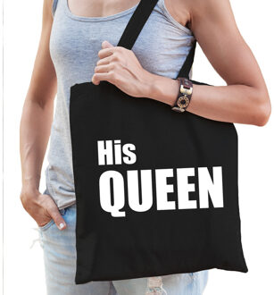 His queen tas / shopper zwart katoen met witte tekst voor dames - Feest Boodschappentassen