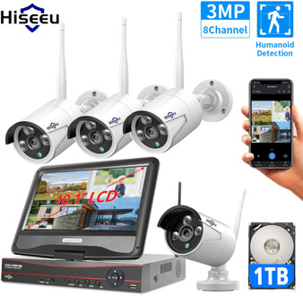 Hiseeu 3MP 2MP 8CH Wireless Security System Kit for 1536P 1080P Outdoor video Surveillance CCTV Camera System With 10.1" Monitor