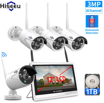 Hiseeu 3MP 8CH Wireless NVR Kits 12' LCD display 1536P HD outdoor security IP Camera video surveillance wifi cctv camera system