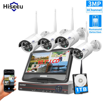 Hiseeu 8CH 3MP Wireless Surveillance Camera CCTV Kit with 10.1" Monitor for 1536P 1080P 2MP Outdoor Security Camera System Set