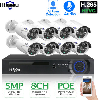 Hiseeu H.265 8CH 5MP POE Security Camera System Kit AI Face Detection Audio Record IP Camera IR CCTV Video Surveillance NVR Set
