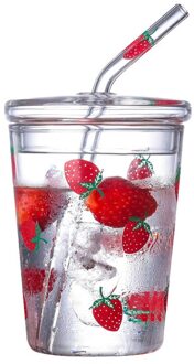 Hittebestendige Clear Aardbei Brief Patroon Koffie Sap Drinken Water Glazen Beker Met Stro Deksel Voor Home Office Drinkware mj