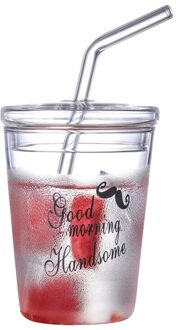 Hittebestendige Clear Aardbei Brief Patroon Koffie Sap Drinken Water Glazen Beker Met Stro Deksel Voor Home Office Drinkware mj
