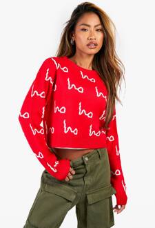 Ho Ho Ho All Over Print Crop Kersttrui, Red - L