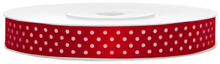 Hobby/decoratie rood satijnen sierlinten met witte stippen 1,2 cm/12 mm x 25 meter